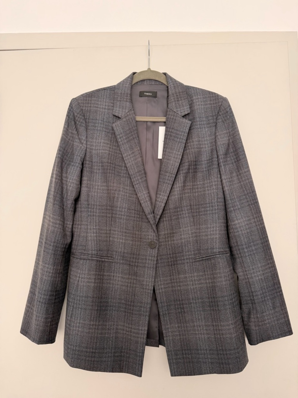 Theory Power Jacket, Gray Plaid Single-Button Blazer, Size 10